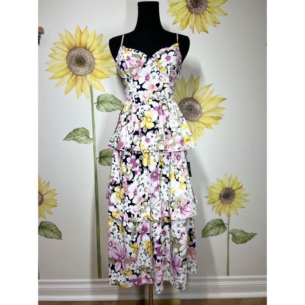 Lulus Floral Tiered Midi Dress Navy Pink Yellow Sweetheart Bustier XS New - Picture 3 of 9